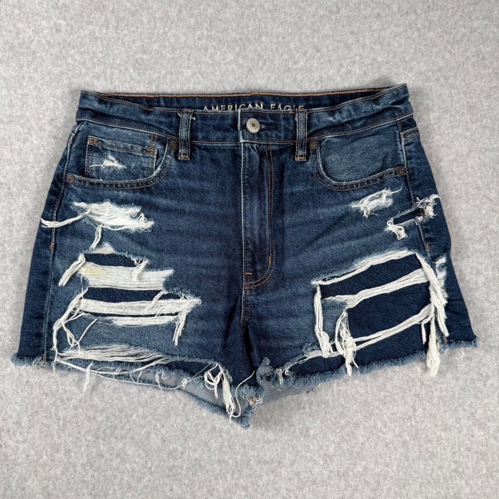American Eagle Mom Short Size 6 Blue Distressed Y2K Grunge‎ High Waisted Denim